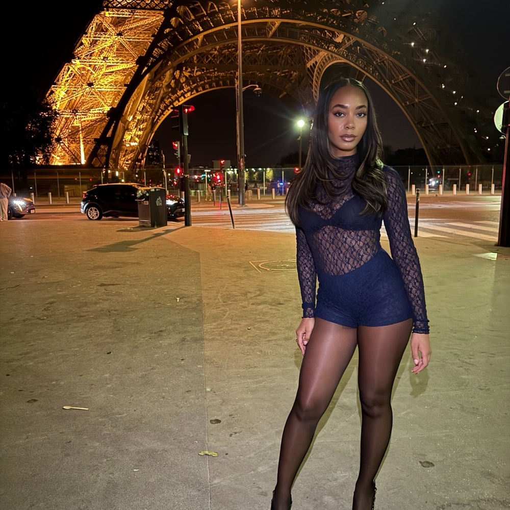 naked wardrobe Navy Lace Long Sleeve Bodysuit Romper